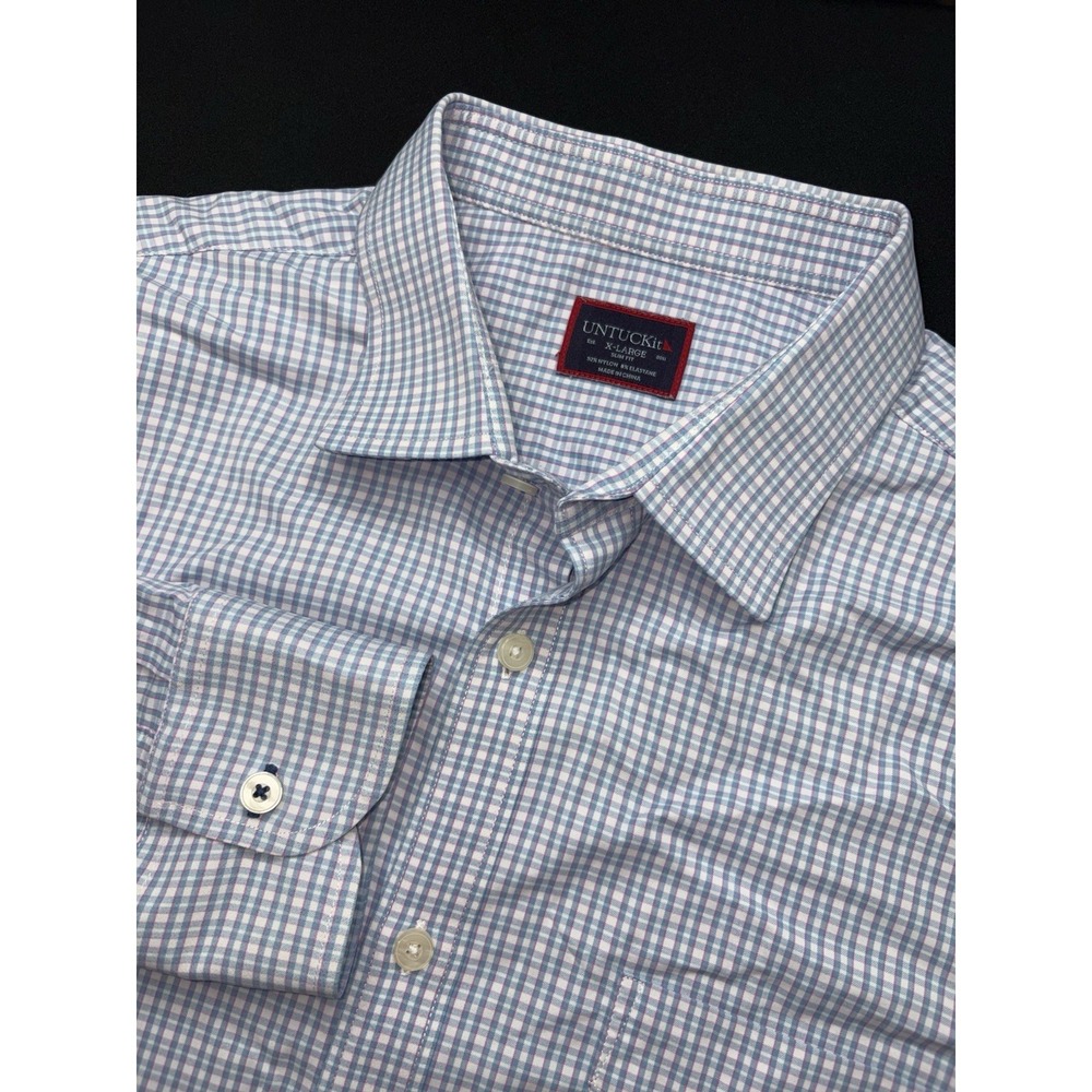 UNTUCKit Slim Fit Mens XL Plaid Long Sleeve Button Up Shirt Blue Pink Stretch